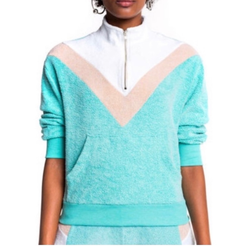 Wildfox Colorblock Soto Warm Up Teddy B Fleece in Trance Teal Sweater Size M NEW